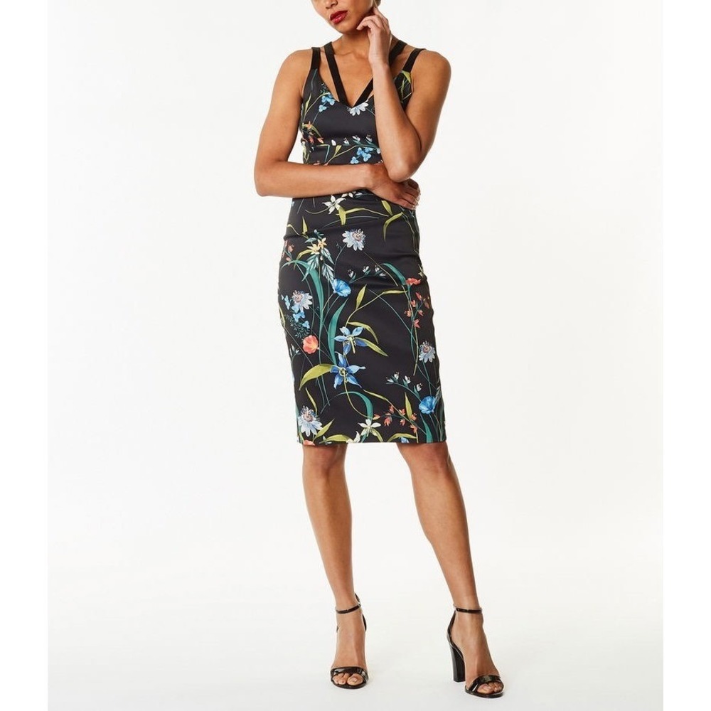 Karen Millen Stretch Shift Dress Strappy Floral 4 Garden Party Whimsy Chic NWT